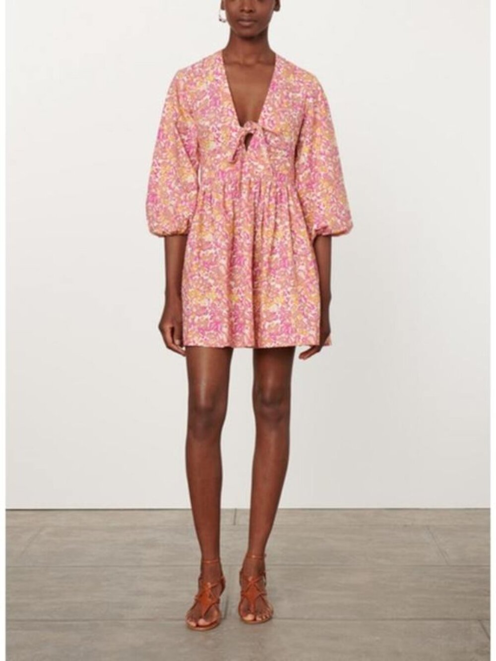 Vanessa Bruno Theis Mini Dress Cotton Puff Sleeve Deep V neck Tie Floral Pink